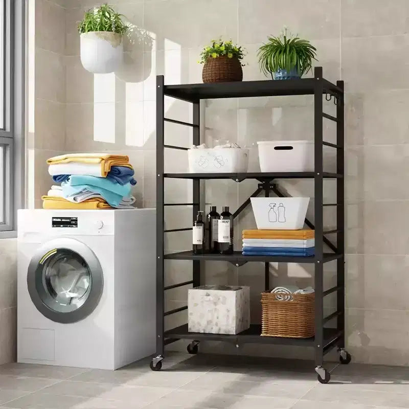SUGIFT Foldable Storage Shelves with Wheels Heavy Duty Metal Rack 4 Tier or 5 Tier Rolling Organizer for Garage Kitchen Office No Assembly
