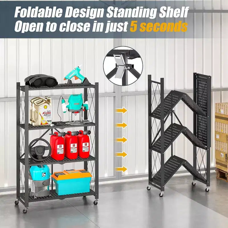 SUGIFT Foldable Storage Shelves with Wheels Heavy Duty Metal Rack 4 Tier or 5 Tier Rolling Organizer for Garage Kitchen Office No Assembly