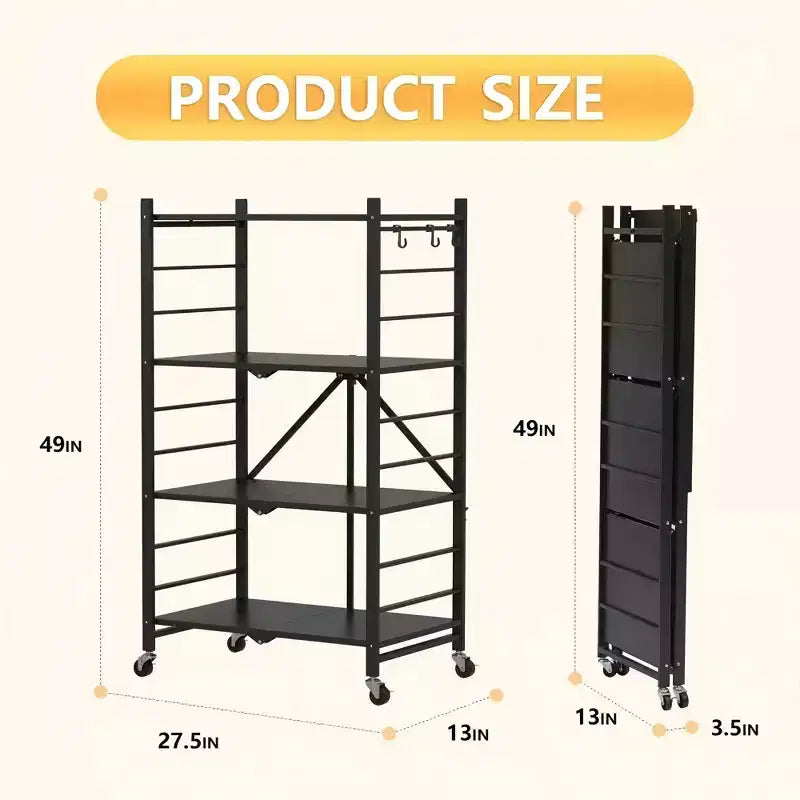 SUGIFT Foldable Storage Shelves with Wheels Heavy Duty Metal Rack 4 Tier or 5 Tier Rolling Organizer for Garage Kitchen Office No Assembly