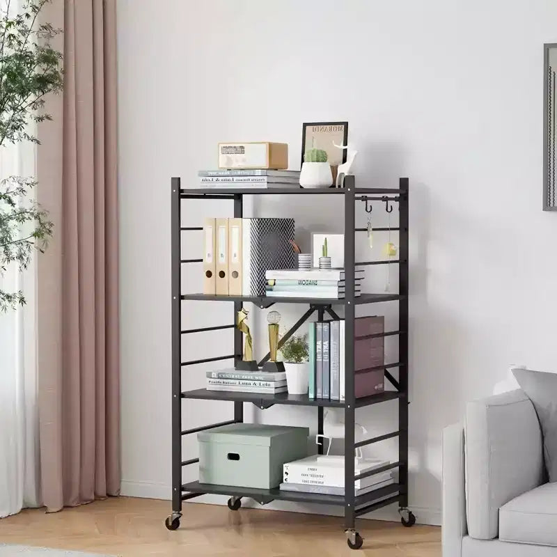 SUGIFT Foldable Storage Shelves with Wheels Heavy Duty Metal Rack 4 Tier or 5 Tier Rolling Organizer for Garage Kitchen Office No Assembly