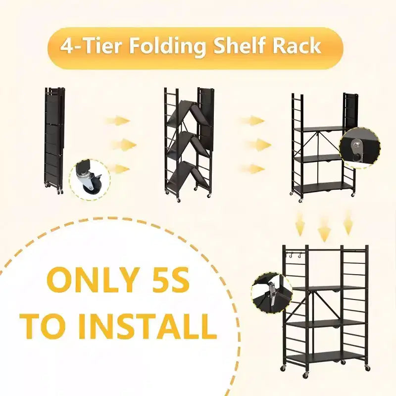 SUGIFT Foldable Storage Shelves with Wheels Heavy Duty Metal Rack 4 Tier or 5 Tier Rolling Organizer for Garage Kitchen Office No Assembly