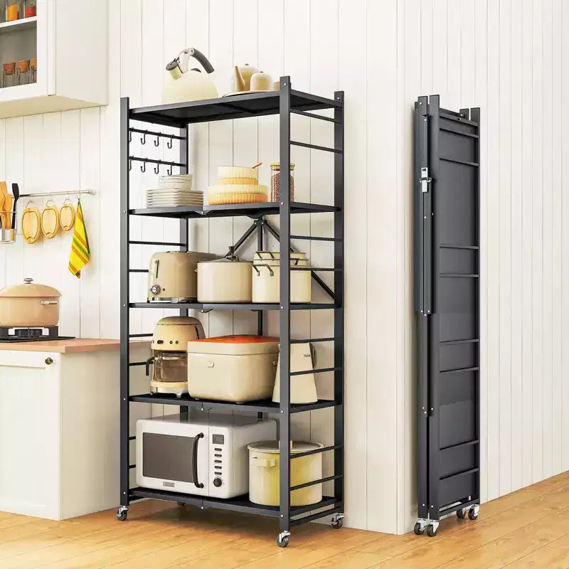 SUGIFT Foldable Storage Shelves with Wheels Heavy Duty Metal Rack 4 Tier or 5 Tier Rolling Organizer for Garage Kitchen Office No Assembly