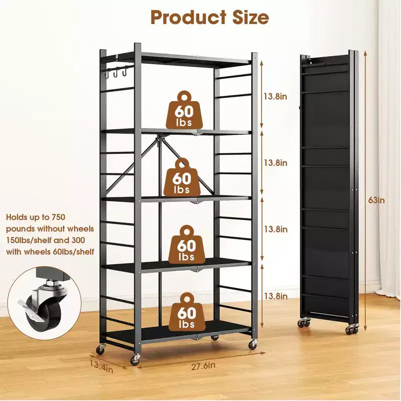 SUGIFT Foldable Storage Shelves with Wheels Heavy Duty Metal Rack 4 Tier or 5 Tier Rolling Organizer for Garage Kitchen Office No Assembly