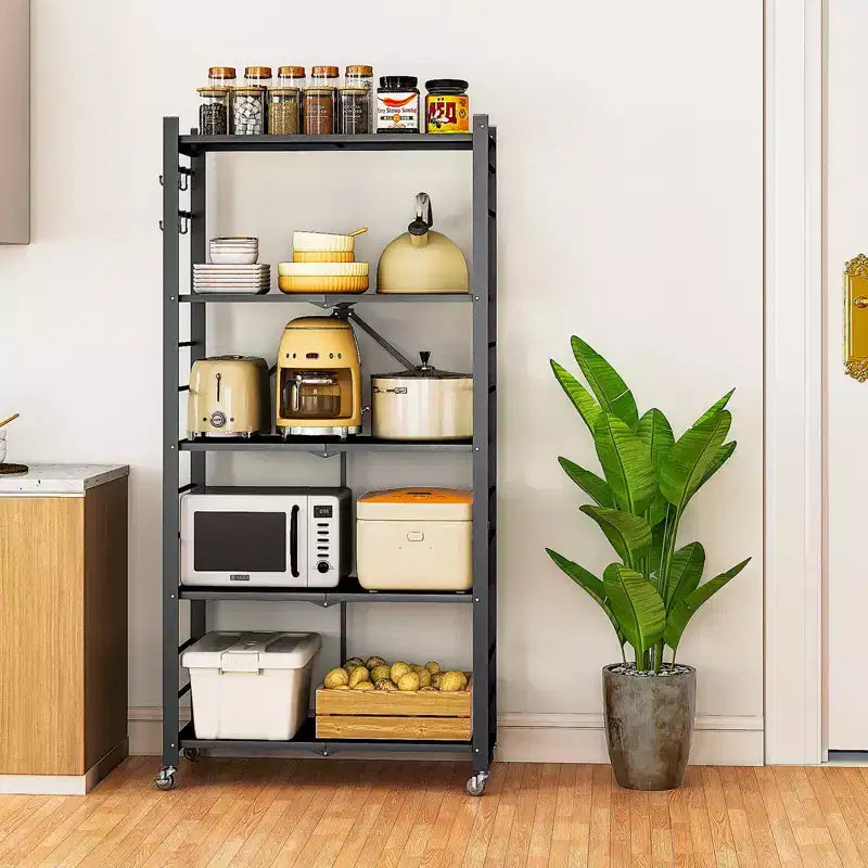 SUGIFT Foldable Storage Shelves with Wheels Heavy Duty Metal Rack 4 Tier or 5 Tier Rolling Organizer for Garage Kitchen Office No Assembly