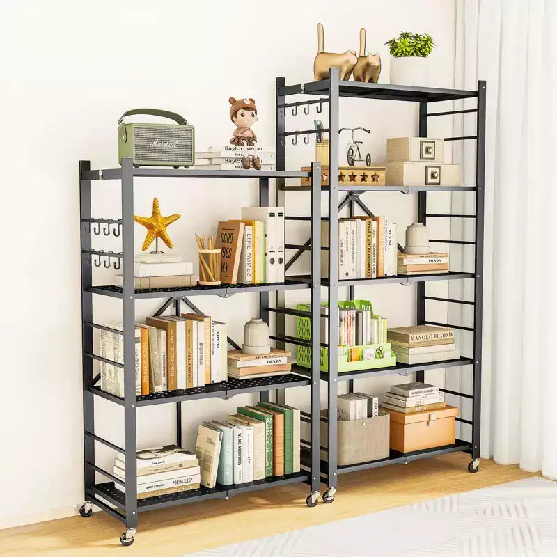 SUGIFT Foldable Storage Shelves with Wheels Heavy Duty Metal Rack 4 Tier or 5 Tier Rolling Organizer for Garage Kitchen Office No Assembly