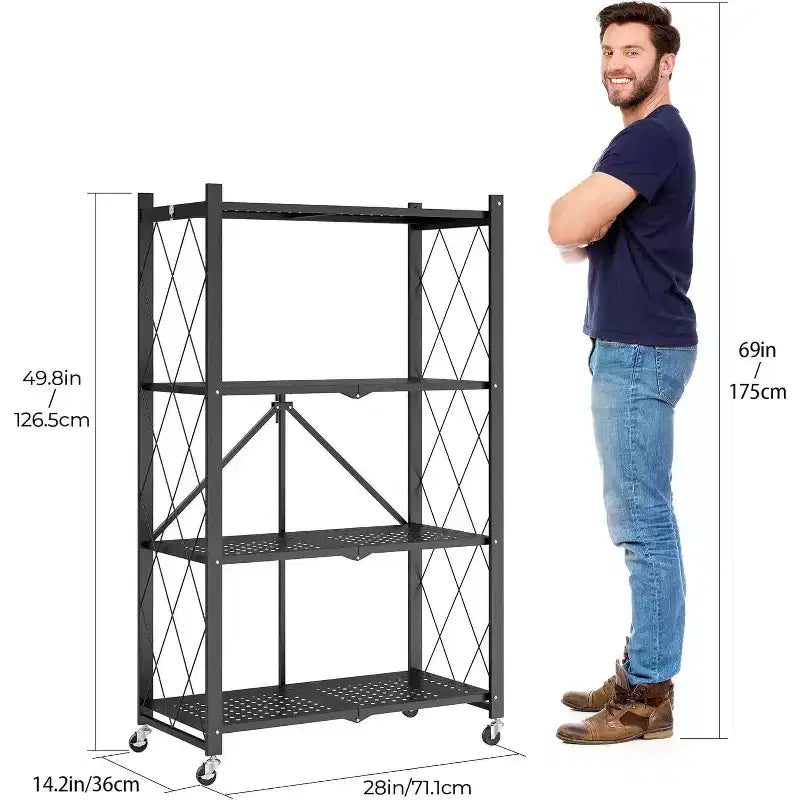 SUGIFT Foldable Storage Shelves with Wheels Heavy Duty Metal Rack 4 Tier or 5 Tier Rolling Organizer for Garage Kitchen Office No Assembly