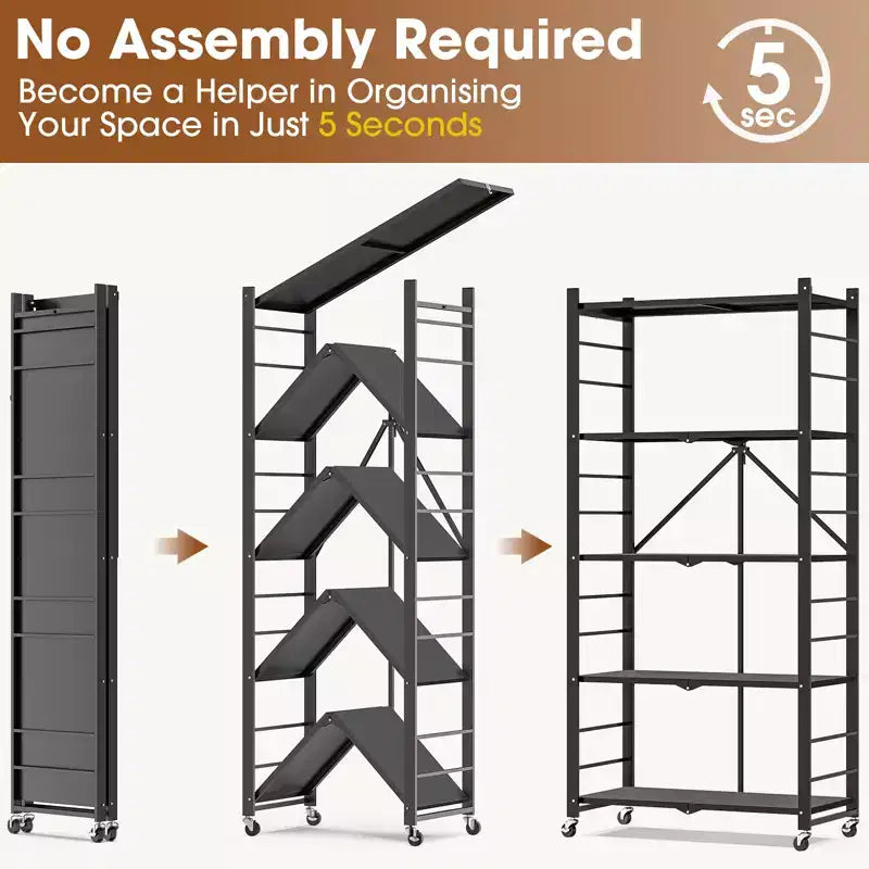 SUGIFT Foldable Storage Shelves with Wheels Heavy Duty Metal Rack 4 Tier or 5 Tier Rolling Organizer for Garage Kitchen Office No Assembly