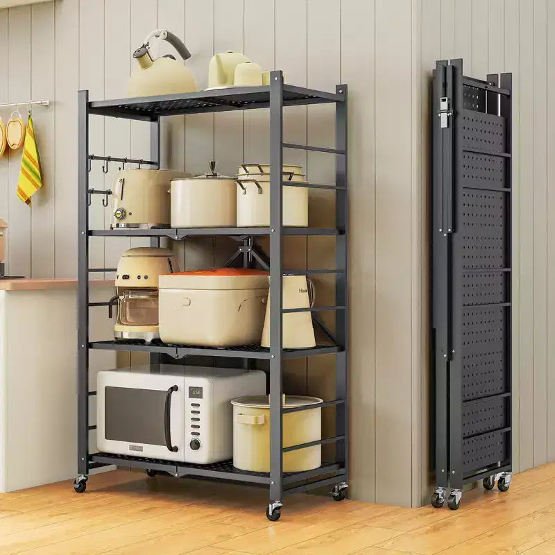 SUGIFT Foldable Storage Shelves with Wheels Heavy Duty Metal Rack 4 Tier or 5 Tier Rolling Organizer for Garage Kitchen Office No Assembly