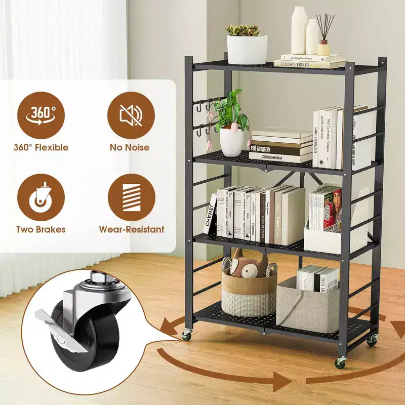 SUGIFT Foldable Storage Shelves with Wheels Heavy Duty Metal Rack 4 Tier or 5 Tier Rolling Organizer for Garage Kitchen Office No Assembly