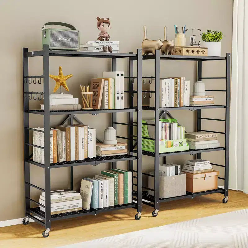 SUGIFT Foldable Storage Shelves with Wheels Heavy Duty Metal Rack 4 Tier or 5 Tier Rolling Organizer for Garage Kitchen Office No Assembly