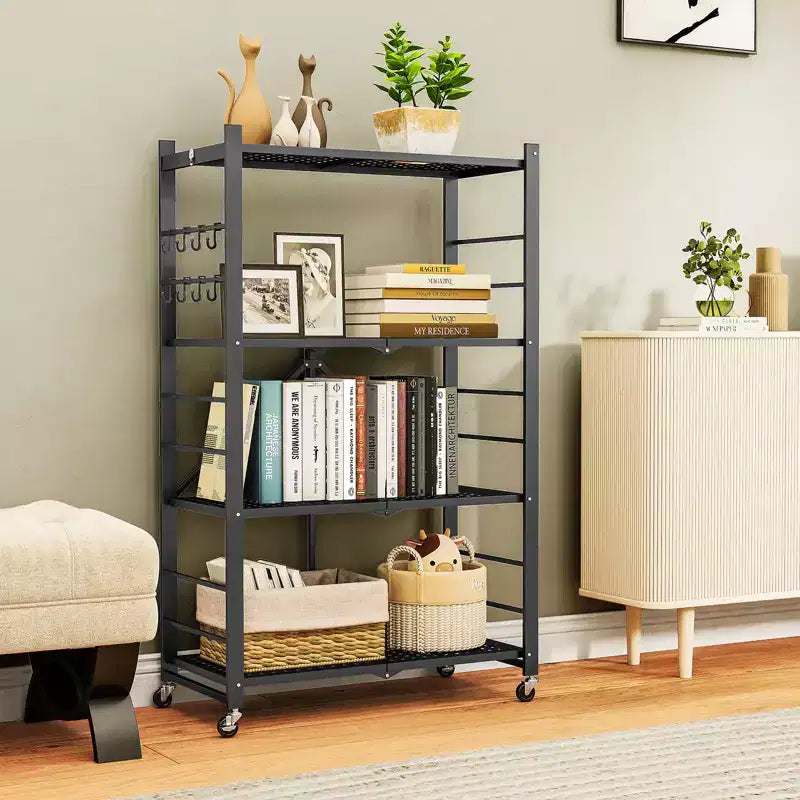 SUGIFT Foldable Storage Shelves with Wheels Heavy Duty Metal Rack 4 Tier or 5 Tier Rolling Organizer for Garage Kitchen Office No Assembly