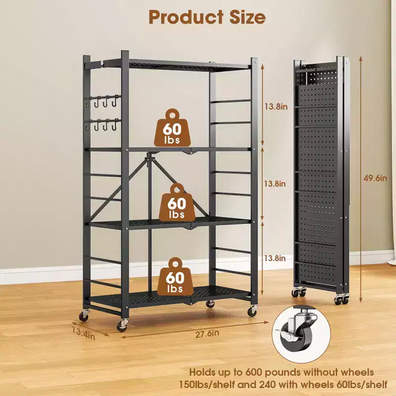 SUGIFT Foldable Storage Shelves with Wheels Heavy Duty Metal Rack 4 Tier or 5 Tier Rolling Organizer for Garage Kitchen Office No Assembly