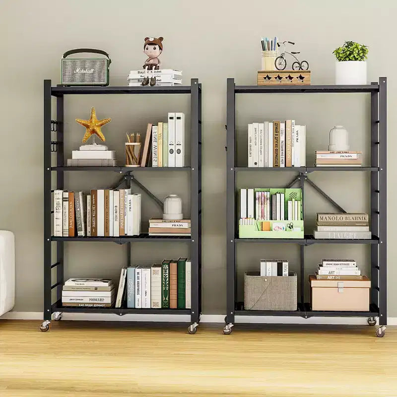 SUGIFT Foldable Storage Shelves with Wheels Heavy Duty Metal Rack 4 Tier or 5 Tier Rolling Organizer for Garage Kitchen Office No Assembly