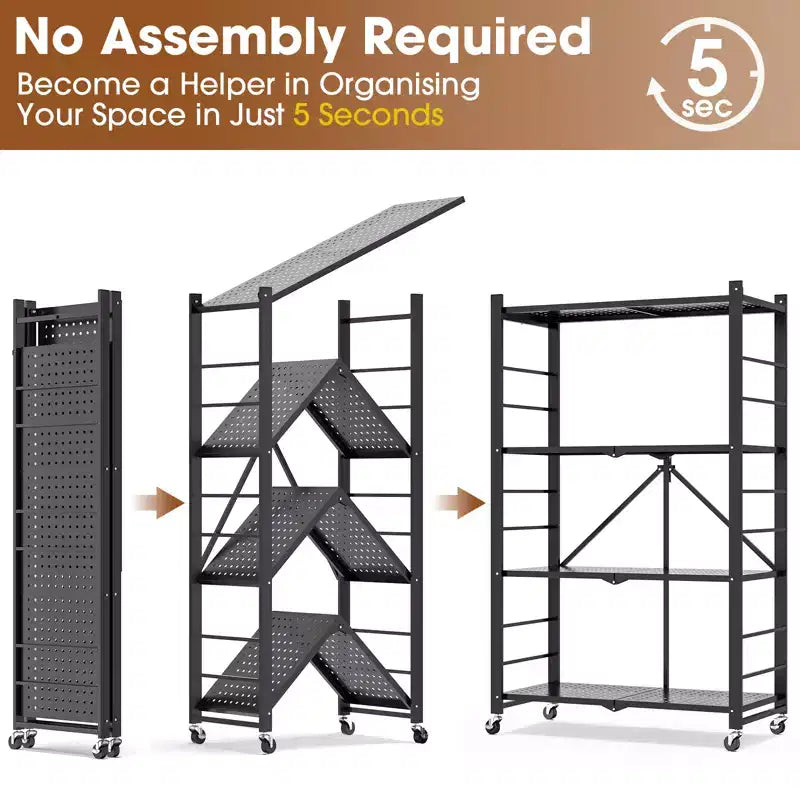 SUGIFT Foldable Storage Shelves with Wheels Heavy Duty Metal Rack 4 Tier or 5 Tier Rolling Organizer for Garage Kitchen Office No Assembly
