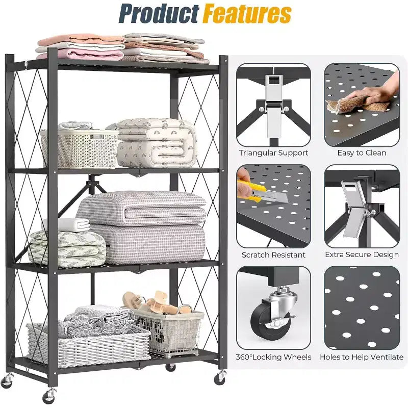 SUGIFT Foldable Storage Shelves with Wheels Heavy Duty Metal Rack 4 Tier or 5 Tier Rolling Organizer for Garage Kitchen Office No Assembly