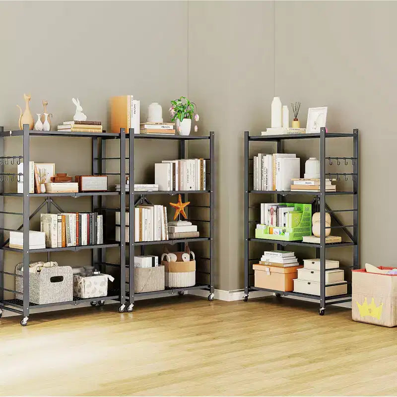 SUGIFT Foldable Storage Shelves with Wheels Heavy Duty Metal Rack 4 Tier or 5 Tier Rolling Organizer for Garage Kitchen Office No Assembly