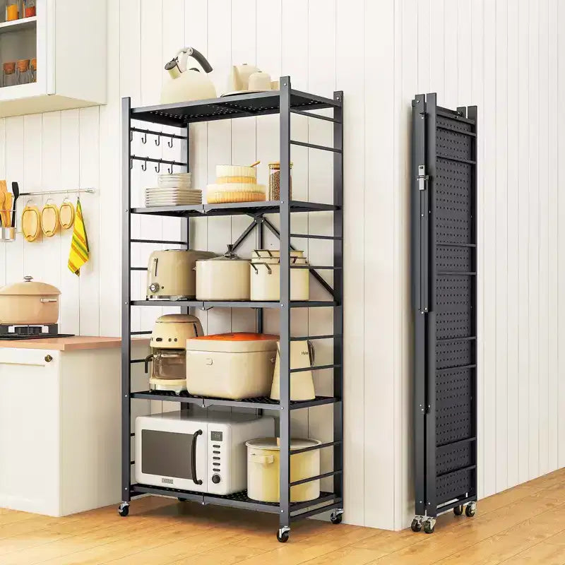 SUGIFT Foldable Storage Shelves with Wheels Heavy Duty Metal Rack 4 Tier or 5 Tier Rolling Organizer for Garage Kitchen Office No Assembly