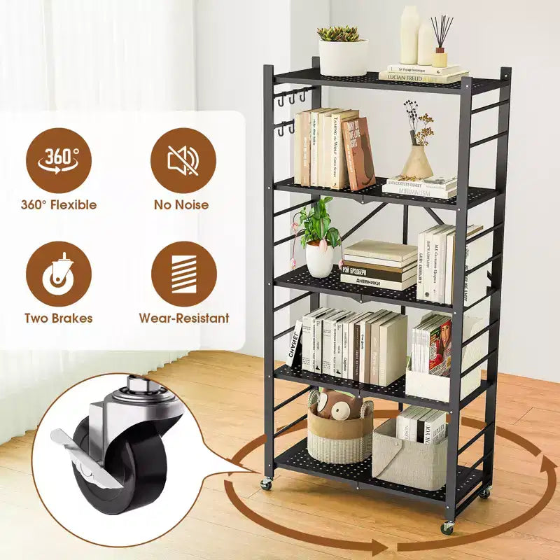 SUGIFT Foldable Storage Shelves with Wheels Heavy Duty Metal Rack 4 Tier or 5 Tier Rolling Organizer for Garage Kitchen Office No Assembly