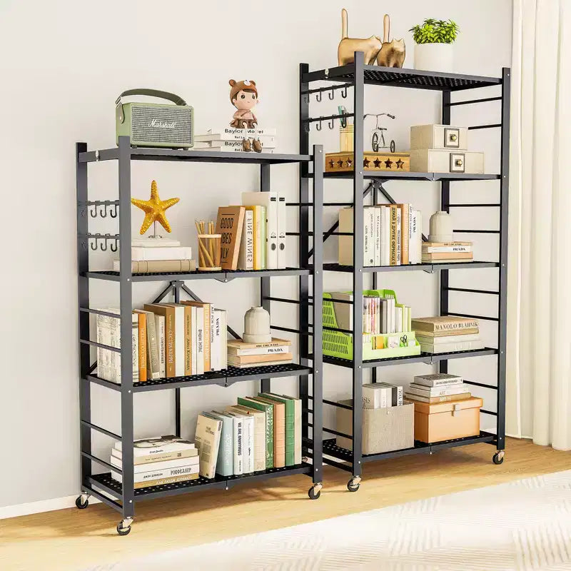 SUGIFT Foldable Storage Shelves with Wheels Heavy Duty Metal Rack 4 Tier or 5 Tier Rolling Organizer for Garage Kitchen Office No Assembly