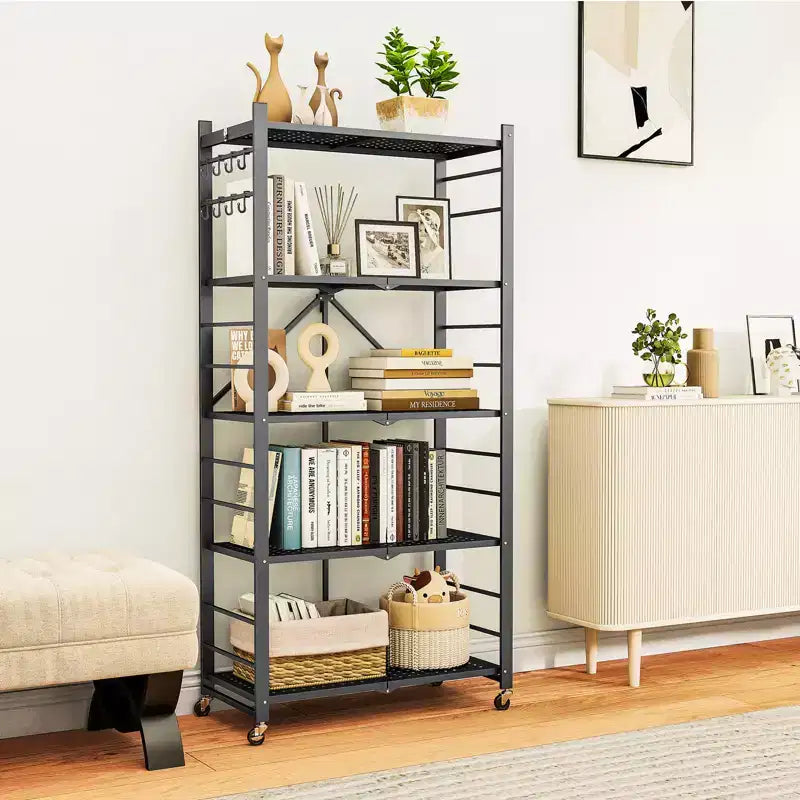 SUGIFT Foldable Storage Shelves with Wheels Heavy Duty Metal Rack 4 Tier or 5 Tier Rolling Organizer for Garage Kitchen Office No Assembly