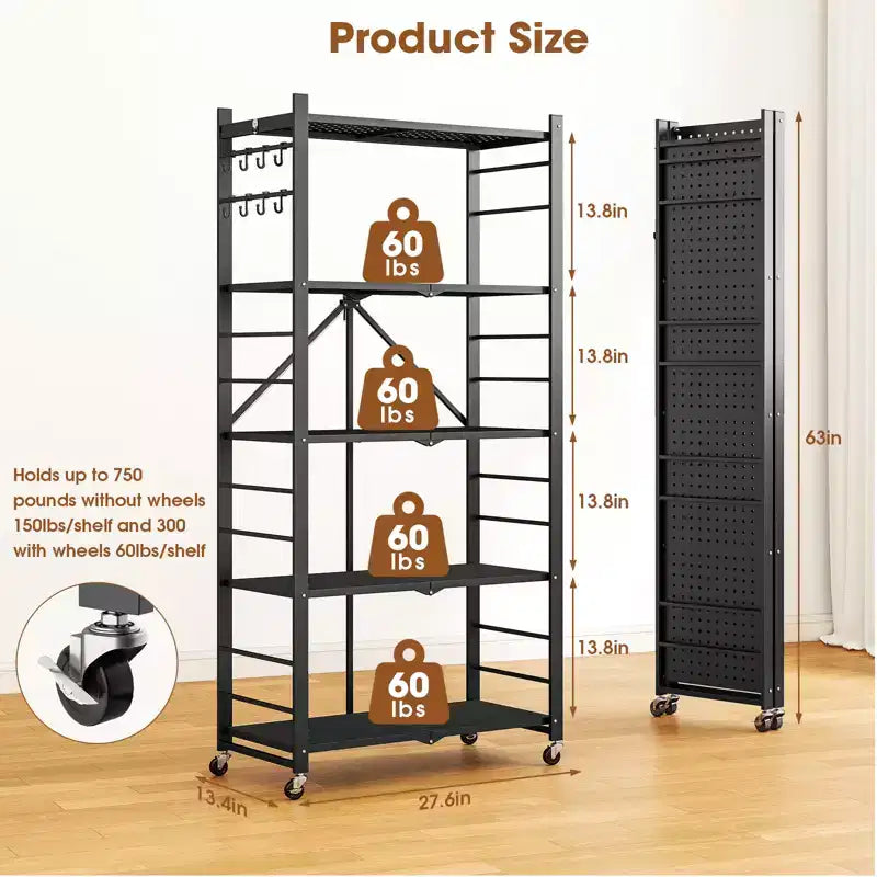 SUGIFT Foldable Storage Shelves with Wheels Heavy Duty Metal Rack 4 Tier or 5 Tier Rolling Organizer for Garage Kitchen Office No Assembly