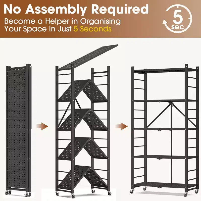 SUGIFT Foldable Storage Shelves with Wheels Heavy Duty Metal Rack 4 Tier or 5 Tier Rolling Organizer for Garage Kitchen Office No Assembly