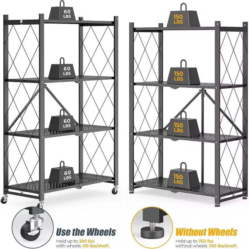 SUGIFT Foldable Storage Shelves with Wheels Heavy Duty Metal Rack 4 Tier or 5 Tier Rolling Organizer for Garage Kitchen Office No Assembly