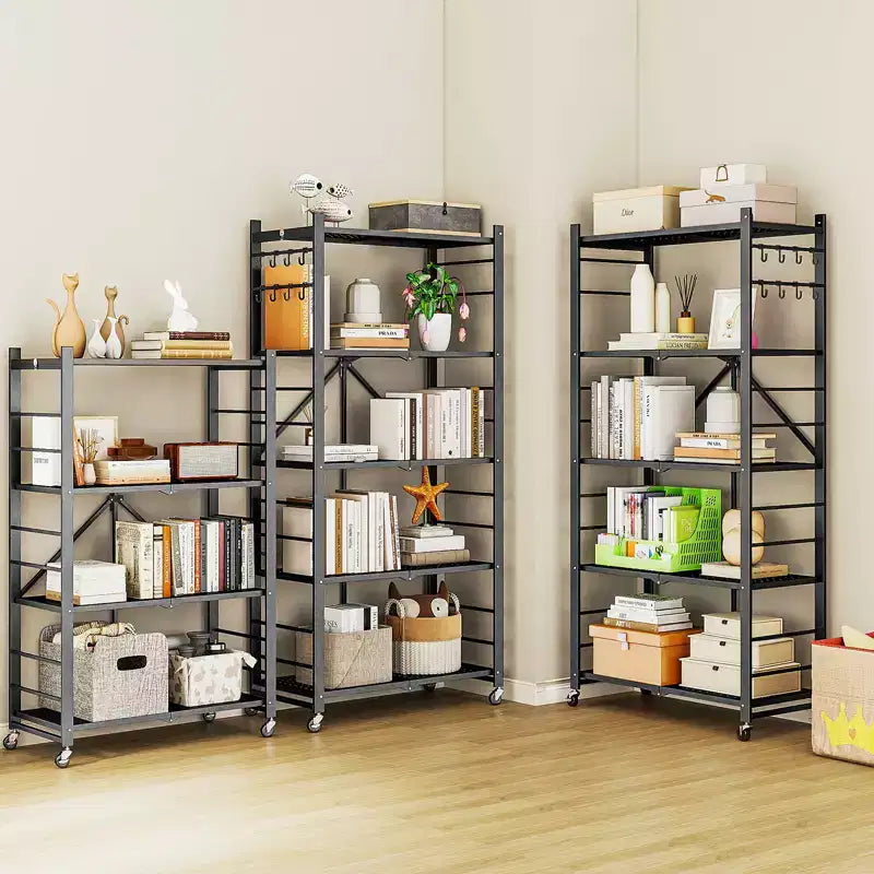 SUGIFT Foldable Storage Shelves with Wheels Heavy Duty Metal Rack 4 Tier or 5 Tier Rolling Organizer for Garage Kitchen Office No Assembly