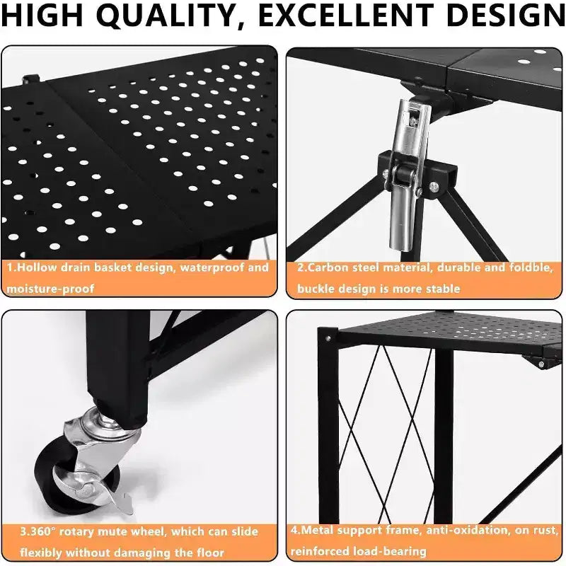 SUGIFT Foldable Storage Shelves with Wheels Heavy Duty Metal Rack 4 Tier or 5 Tier Rolling Organizer for Garage Kitchen Office No Assembly