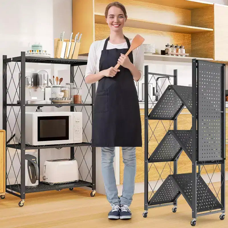 SUGIFT Foldable Storage Shelves with Wheels Heavy Duty Metal Rack 4 Tier or 5 Tier Rolling Organizer for Garage Kitchen Office No Assembly