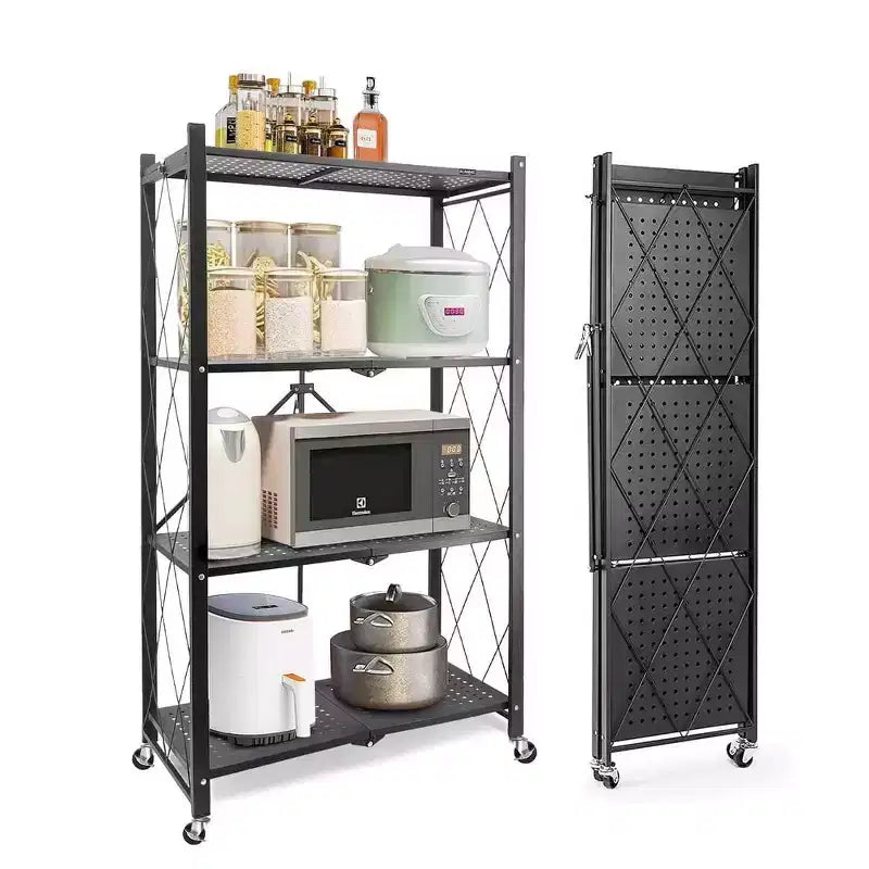 SUGIFT Foldable Storage Shelves with Wheels Heavy Duty Metal Rack 4 Tier or 5 Tier Rolling Organizer for Garage Kitchen Office No Assembly