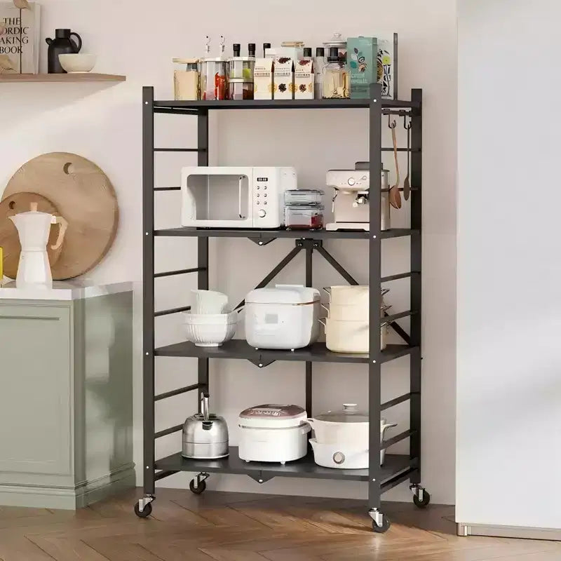 SUGIFT Foldable Storage Shelves with Wheels Heavy Duty Metal Rack 4 Tier or 5 Tier Rolling Organizer for Garage Kitchen Office No Assembly
