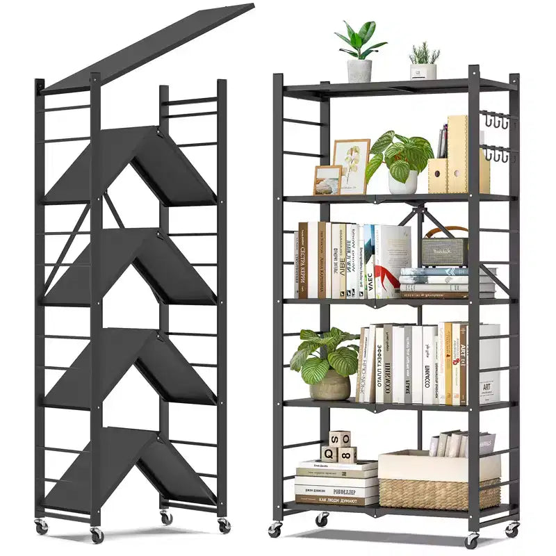 SUGIFT Foldable Storage Shelves with Wheels Heavy Duty Metal Rack 4 Tier or 5 Tier Rolling Organizer for Garage Kitchen Office No Assembly