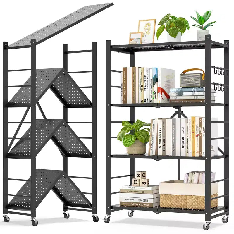 SUGIFT Foldable Storage Shelves with Wheels Heavy Duty Metal Rack 4 Tier or 5 Tier Rolling Organizer for Garage Kitchen Office No Assembly