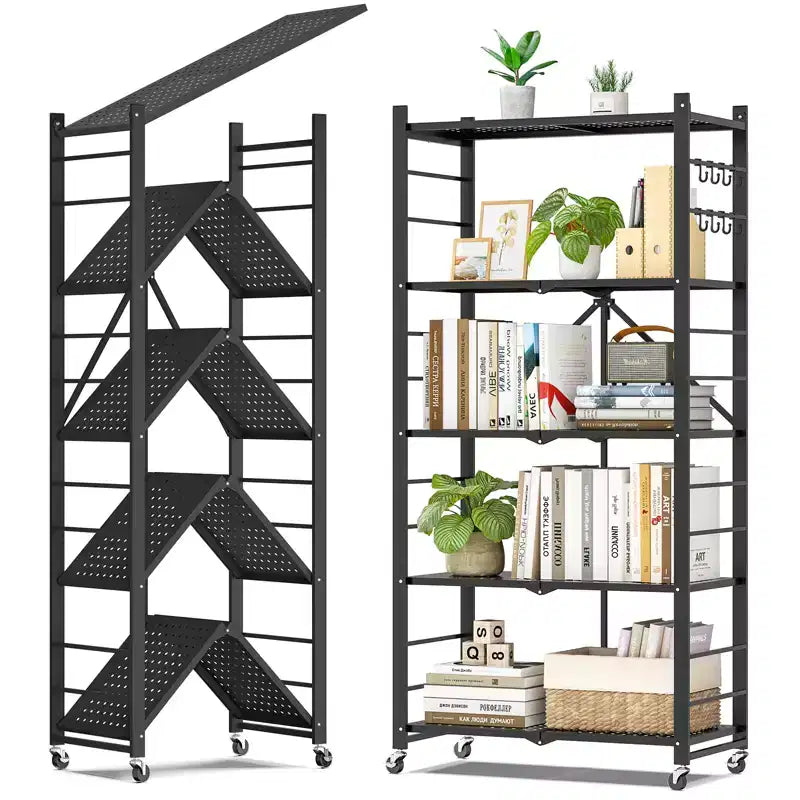 SUGIFT Foldable Storage Shelves with Wheels Heavy Duty Metal Rack 4 Tier or 5 Tier Rolling Organizer for Garage Kitchen Office No Assembly