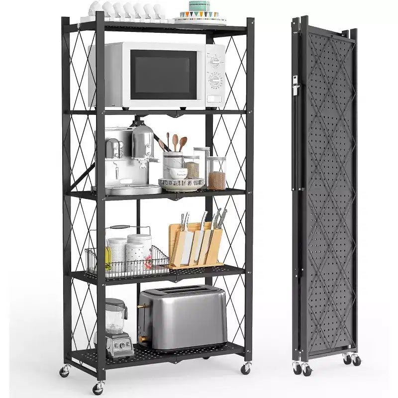 SUGIFT Foldable Storage Shelves with Wheels Heavy Duty Metal Rack 4 Tier or 5 Tier Rolling Organizer for Garage Kitchen Office No Assembly