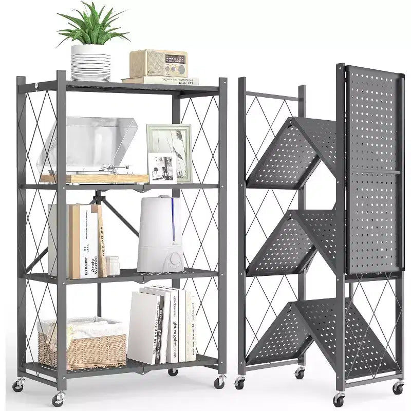SUGIFT Foldable Storage Shelves with Wheels Heavy Duty Metal Rack 4 Tier or 5 Tier Rolling Organizer for Garage Kitchen Office No Assembly