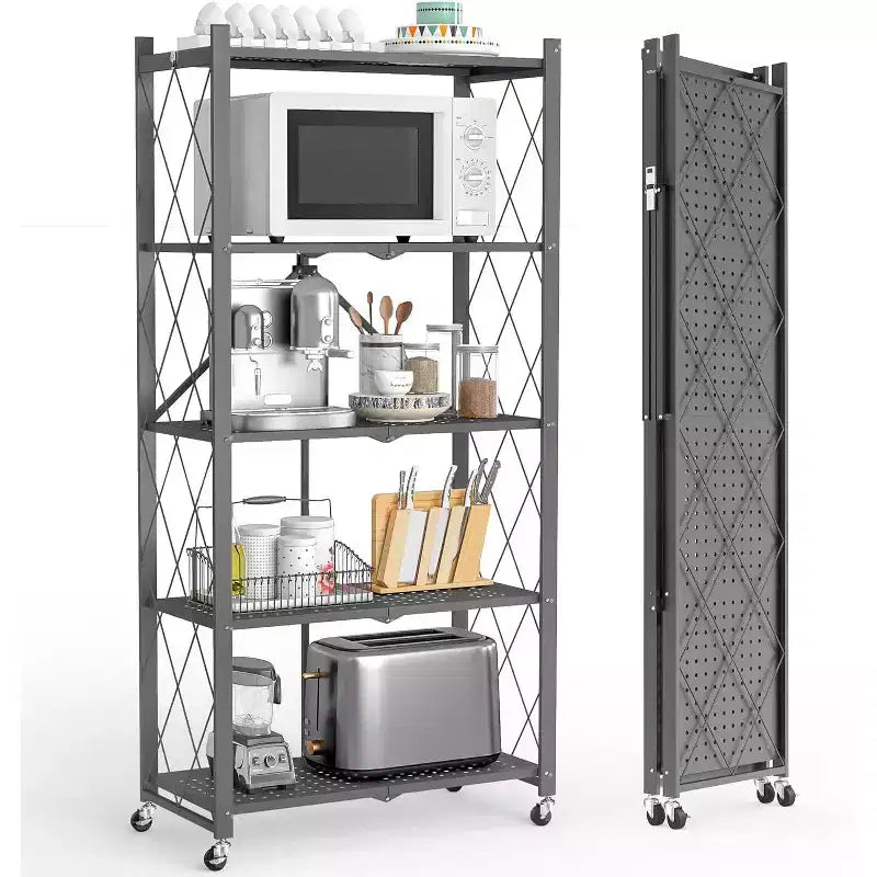 SUGIFT Foldable Storage Shelves with Wheels Heavy Duty Metal Rack 4 Tier or 5 Tier Rolling Organizer for Garage Kitchen Office No Assembly