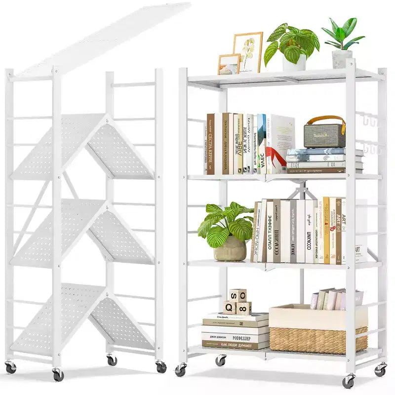 SUGIFT Foldable Storage Shelves with Wheels Heavy Duty Metal Rack 4 Tier or 5 Tier Rolling Organizer for Garage Kitchen Office No Assembly