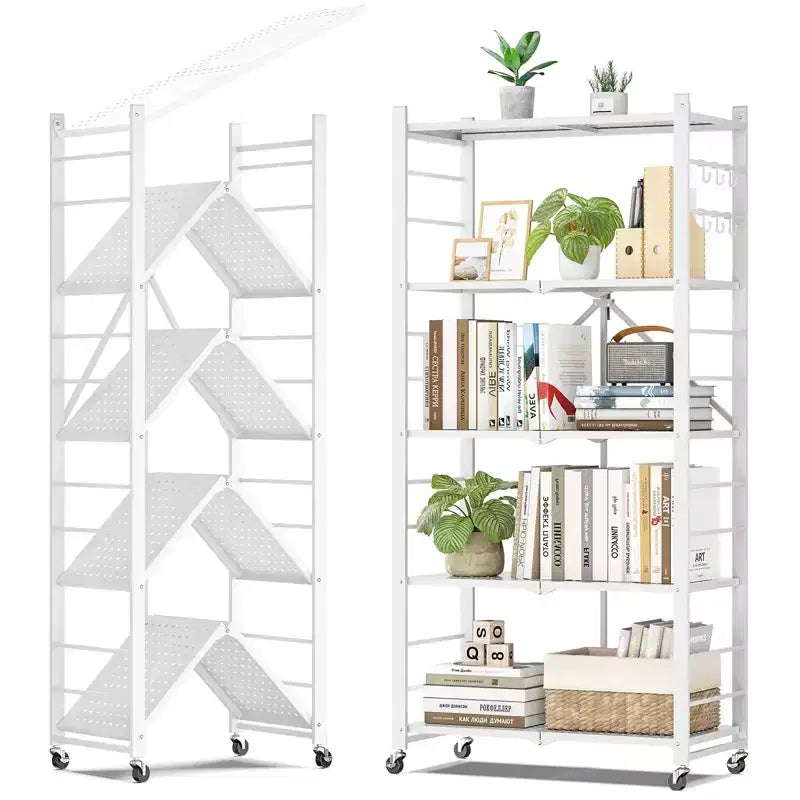 SUGIFT Foldable Storage Shelves with Wheels Heavy Duty Metal Rack 4 Tier or 5 Tier Rolling Organizer for Garage Kitchen Office No Assembly