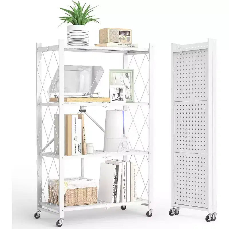 SUGIFT Foldable Storage Shelves with Wheels Heavy Duty Metal Rack 4 Tier or 5 Tier Rolling Organizer for Garage Kitchen Office No Assembly
