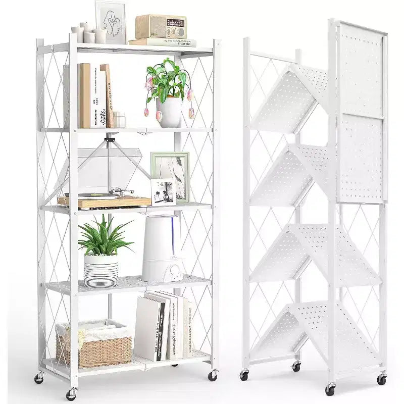 SUGIFT Foldable Storage Shelves with Wheels Heavy Duty Metal Rack 4 Tier or 5 Tier Rolling Organizer for Garage Kitchen Office No Assembly