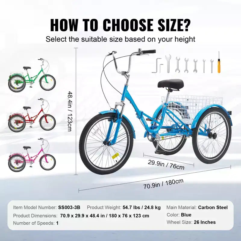 VEVOR Folding Adult Tricycle, 26-Inch Adult Folding Trikes, Carbon Steel 3 Wheel Cruiser Bike with Large Basket & Adjustable Seat