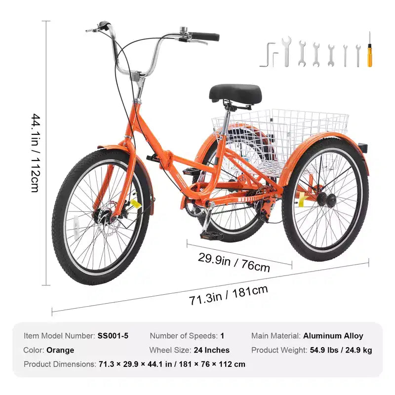 VEVOR Folding Adult Tricycle, 24-Inch Adult Folding Trikes, Lightweight Aluminum Alloy 3 Wheel Cruiser Bike with Large Rear Basket
