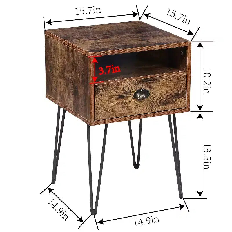 VECELO Metal Frame Nightstand, End/Side Table with Drawer and Storage Shelf for Living Room or Bedroom, Brown/Black/Green