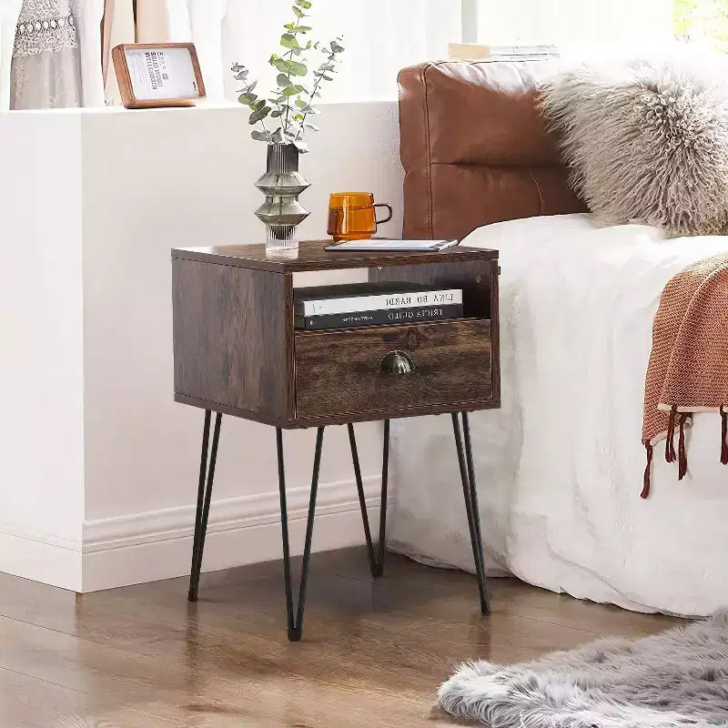 VECELO Metal Frame Nightstand, End/Side Table with Drawer and Storage Shelf for Living Room or Bedroom, Brown/Black/Green