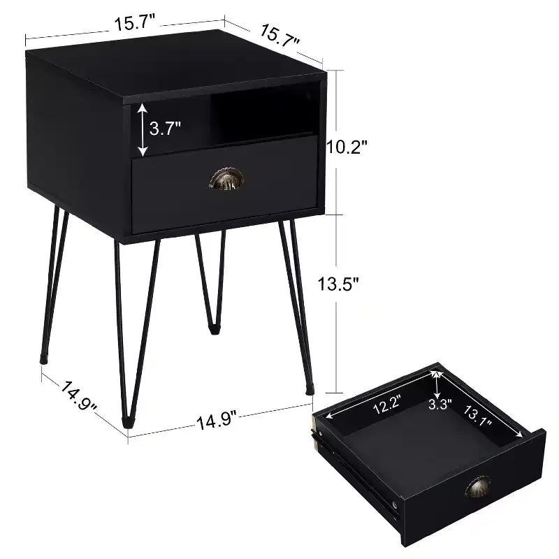 VECELO Metal Frame Nightstand, End/Side Table with Drawer and Storage Shelf for Living Room or Bedroom, Brown/Black/Green