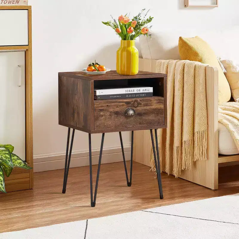 VECELO Metal Frame Nightstand, End/Side Table with Drawer and Storage Shelf for Living Room or Bedroom, Brown/Black/Green