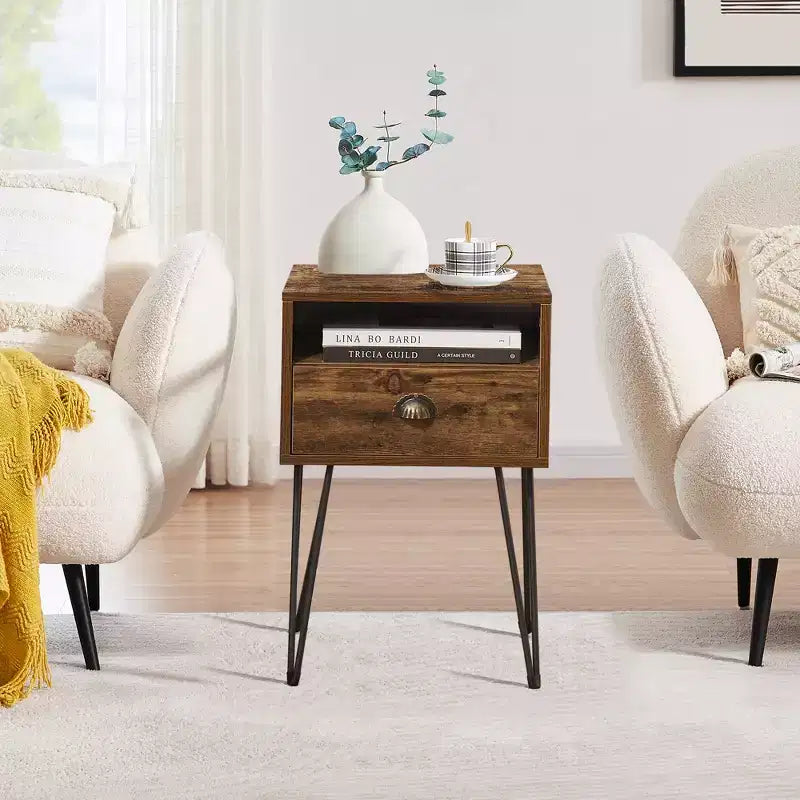 VECELO Metal Frame Nightstand, End/Side Table with Drawer and Storage Shelf for Living Room or Bedroom, Brown/Black/Green