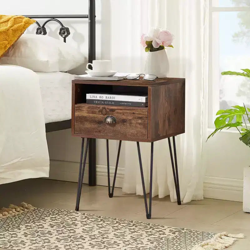 VECELO Metal Frame Nightstand, End/Side Table with Drawer and Storage Shelf for Living Room or Bedroom, Brown/Black/Green